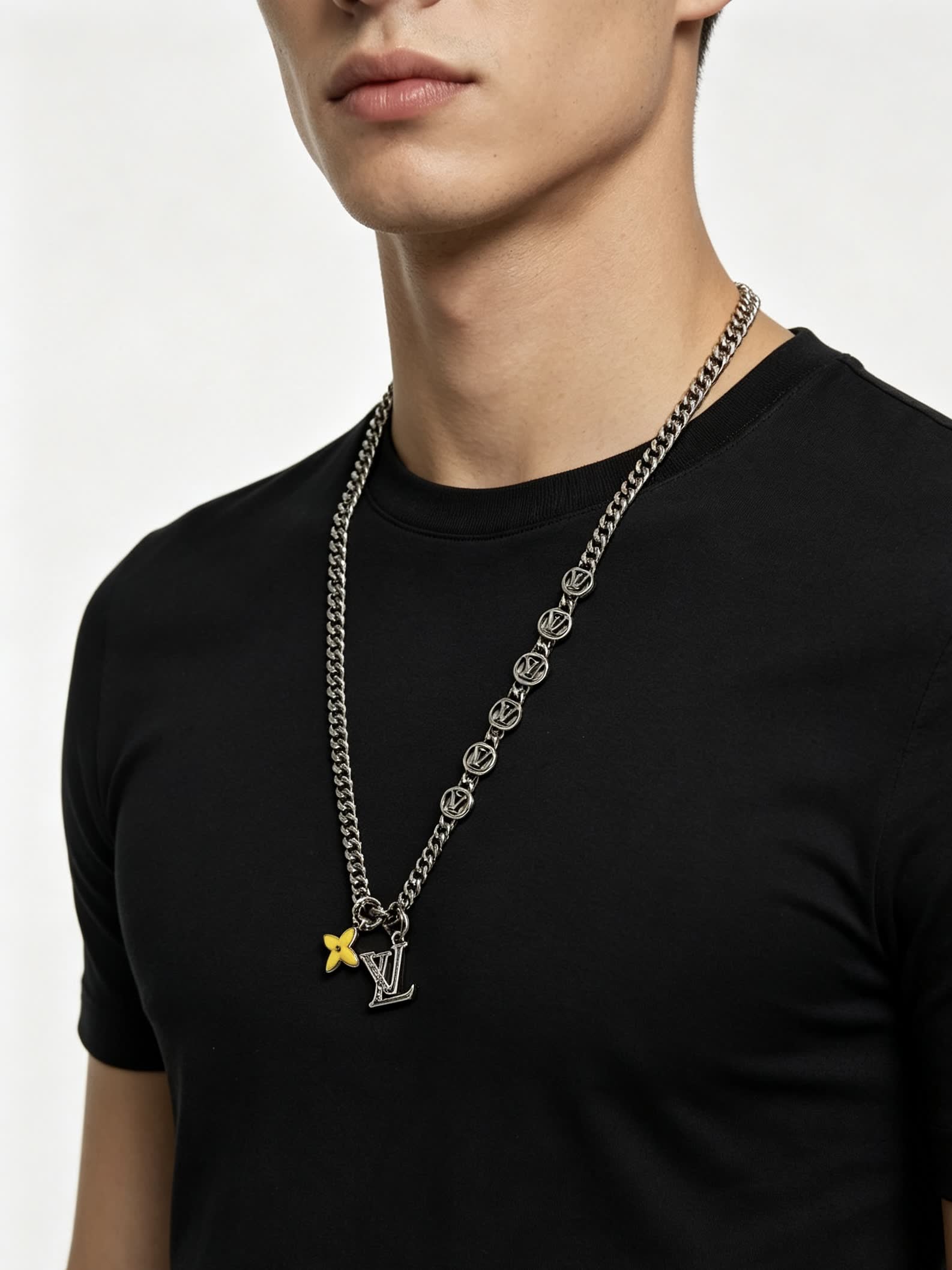 Louis Vuitton Silver Chain Necklace with Monogram and Flower Design